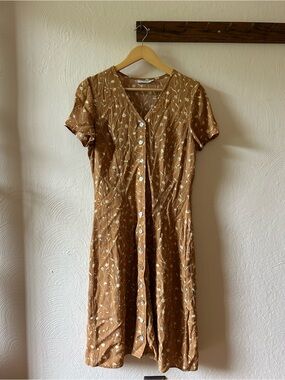 Tweeds Brown Short-Sleeve Button Midi Dress with Cream Floral Print